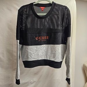 GUESS XL fish net top blouse shirt sweater grey black red